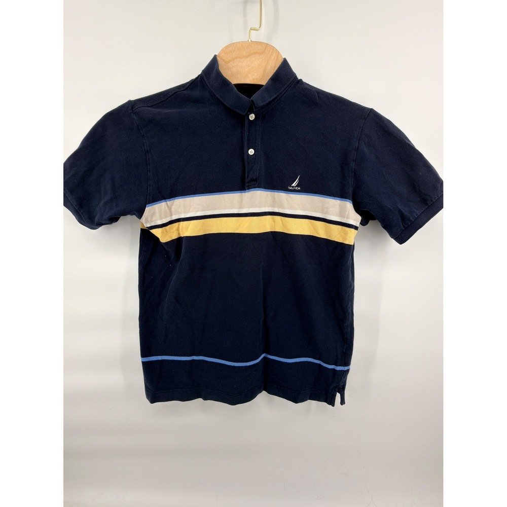 Nautica Polo Shirt‎ Mens Large Navy Blue Striped Short Sleeve Cotton